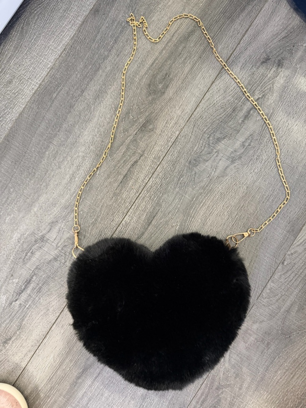 Black Heart Faux Fur Crossbody Bag with Gold Chain